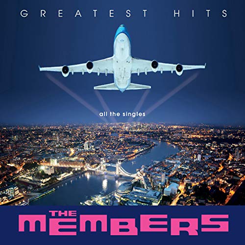 Album cover with an airplane over a cityscape, titled "The Members - Greatest Hits".