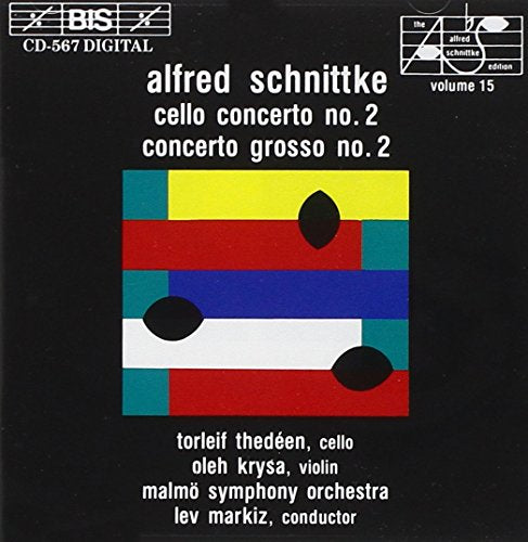 Black CD cover with white text and a colorful abstract design, featuring Alfred Schnittke's compositions.