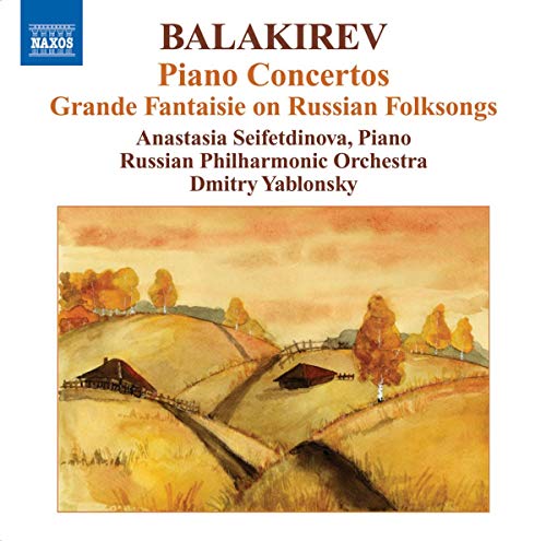 CD cover for Balakirev’s Piano Concertos with a rural landscape.