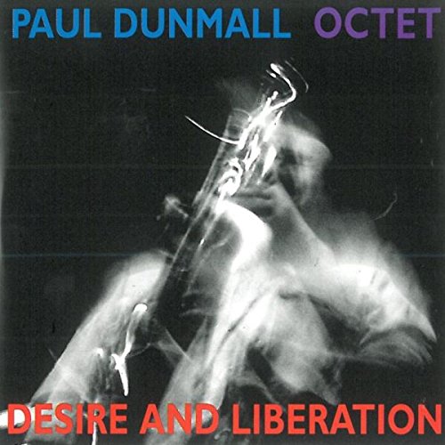 "Album cover with a black-and-white saxophonist image and multicolored text."
