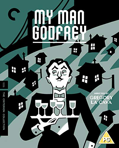 My Man Godfrey" Blu-ray cover: stylized illustration of a butler with drinks.