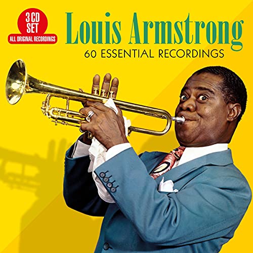 Louis Armstrong playing a golden trumpet, album cover for 60 Essential Recordings.
