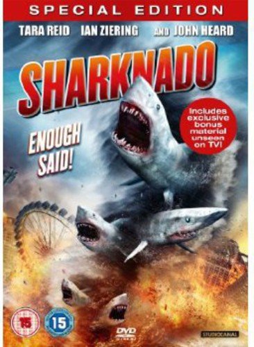 Sharknado DVD cover featuring sharks emerging from a massive storm with fiery debris.