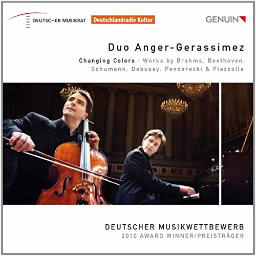 CD cover featuring a cellist and pianist in a concert hall.