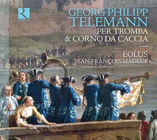 CD cover: Baroque musicians with brass instruments in a landscape.