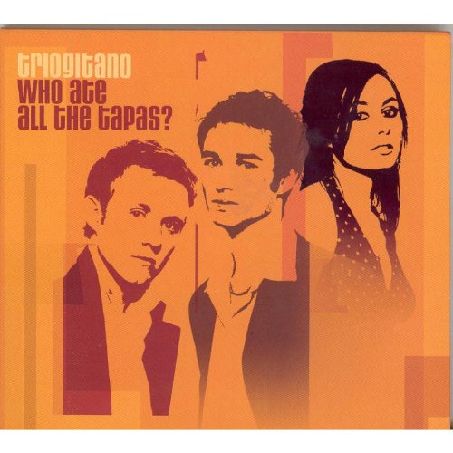 "Trio Gitano CD cover featuring three people on orange background with text."