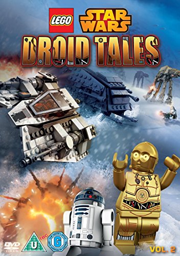 "Lego Star Wars Droid Tales DVD cover featuring Lego R2-D2 and C-3PO amidst battle scenes."