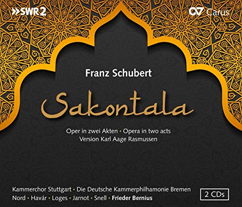 "Album cover with gold arch design, 'Franz Schubert Sakontala' in white and gold text."