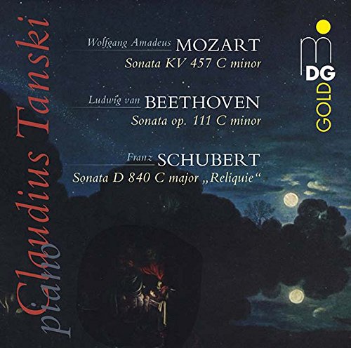 "CD cover with night sky, trees, and text listing classical sonatas and pianist Claudius Tanski."