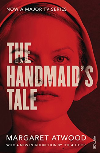 "Book cover: red and white striped dress, Gilead logo, title 'The Handmaid's Tale' in bold font."