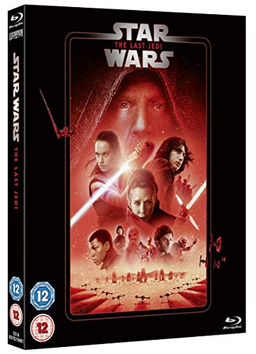 Blu-ray cover for Star Wars: The Last Jedi featuring Rey and Kylo Ren.