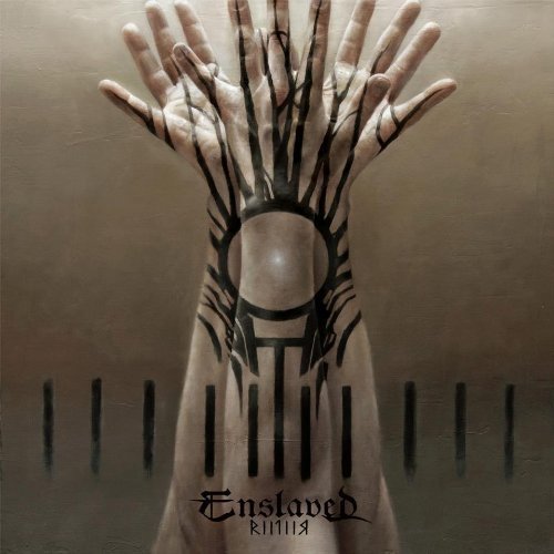 "Album cover with hands tied, black lines, and 'Enslaved' text, Amazon logo overlay."