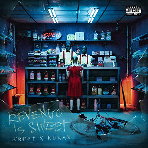 Album cover: store interior with figures, broken glass, and red lighting.
