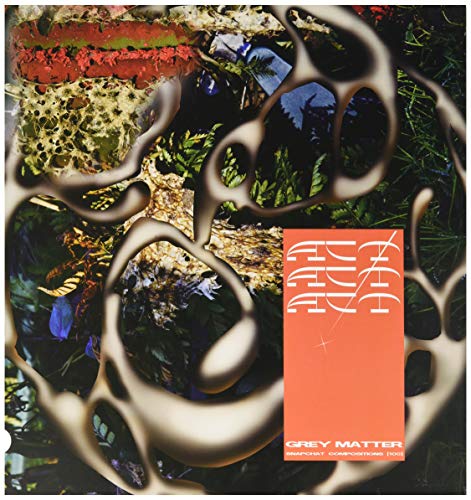 Vinyl record cover with abstract, swirling white shapes and red text.