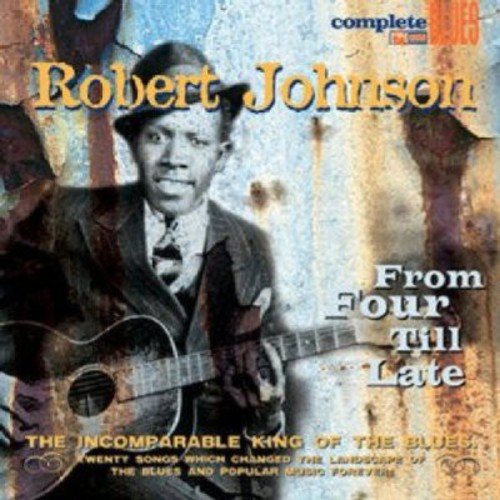 "CD cover featuring Robert Johnson holding a guitar, with abstract background and text overlays."