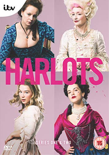 "Pink DVD case with 'HARLOTS' title and four women in 18th-century attire on the cover."