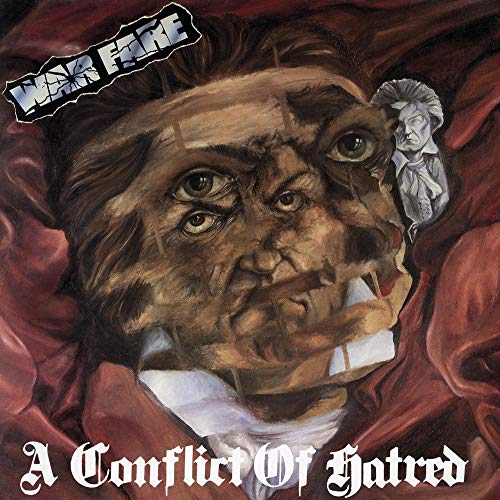 Album cover: distorted face with multiple eyes and the title "Warfare.