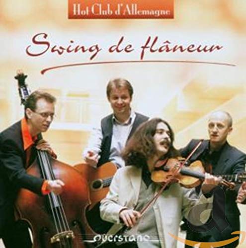 "Album cover featuring four musicians playing string instruments, with text 'Swing de flâneur'."