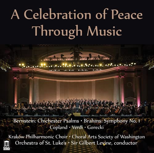 CD cover: concert hall interior with orchestra and choir, text “A Celebration of Peace”.