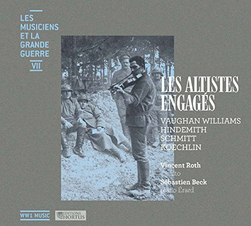 "CD cover with black-and-white image of soldiers and a man playing an oboe."