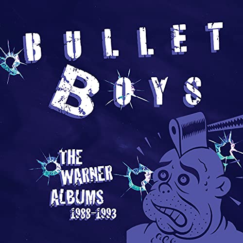 "Album cover with cartoon man and bullet holes, titled 'Bulletboys - The Warner Albums'."