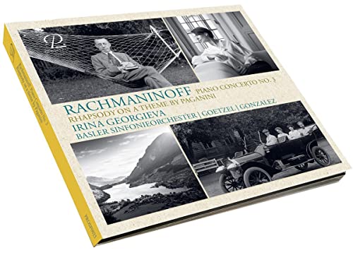 CD cover with black and white photos of Rachmaninoff and landscapes.