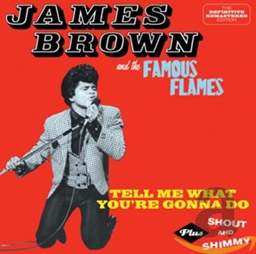 James Brown album cover, red background, artist portrait with microphone.