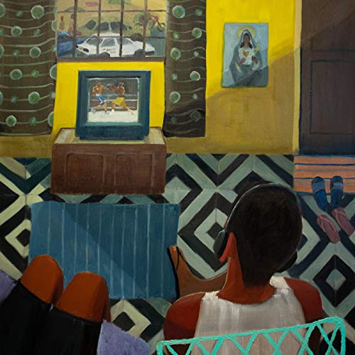 Painting of a person watching boxing on TV, with religious art nearby.