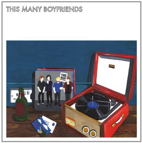 "Album cover art featuring cartoon illustration of record player, CD, and band members."