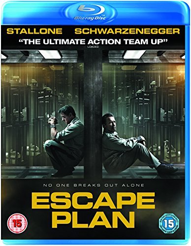 "Blu-ray case for 'Escape Plan' featuring Sylvester Stallone and Arnold Schwarzenegger in a prison scene."