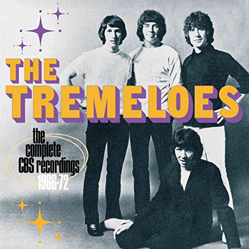 "Four men posing on a box set cover with yellow and purple text."