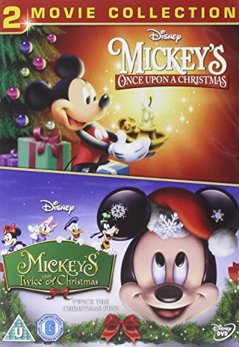 "Mickey Mouse DVD cover featuring two Christmas movies with festive decorations and cartoon characters."