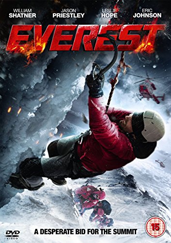 A climber in a red jacket hangs from a rope on a snowy mountain.