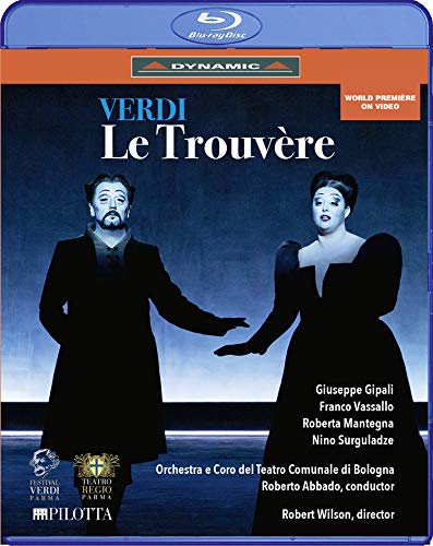 Blu-ray cover for Verdi’s *Le Trouvère* opera featuring singers in costume.