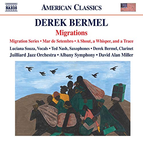 CD cover featuring abstract illustration of people with birds flying above, titled "Migrations".