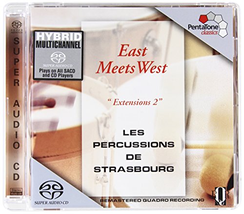 "CD cover with drums and text 'East Meets West' and 'Les Percussions de Strasbourg'."