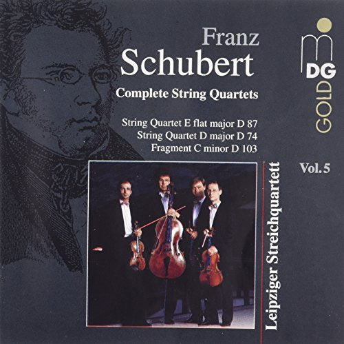 "CD cover featuring a string quartet and 'Franz Schubert' in white text on a dark background."