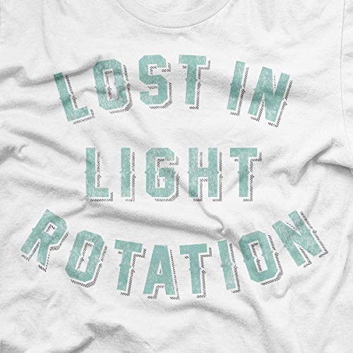 White t-shirt with teal distressed text reading "Lost In Light Rotation".