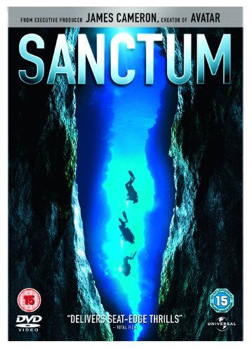 DVD cover for "Sanctum" showing three divers in a blue underwater cave.