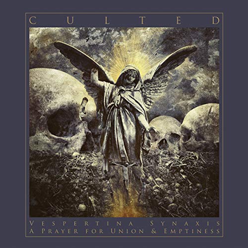 Statue of winged figure amidst skulls, dark and dramatic album art.