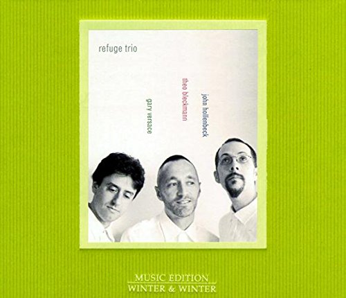 "Album cover with three men's portraits on green background, titled 'refuge trio'."