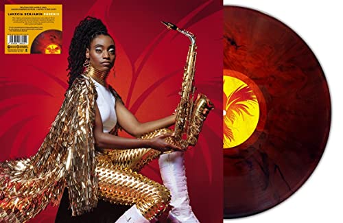 Red marbled vinyl record of Lakecia Benjamin’s “Phoenix” album.