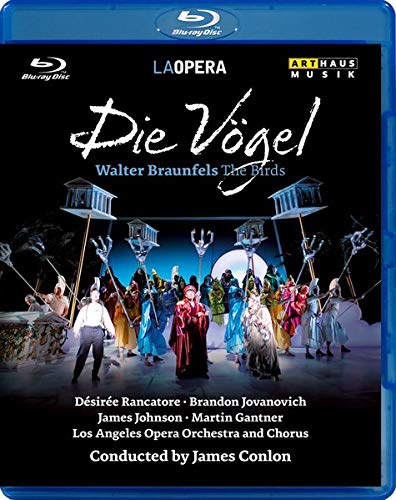 Blue-ray case with opera cover art featuring performers and title "Die Vögel".