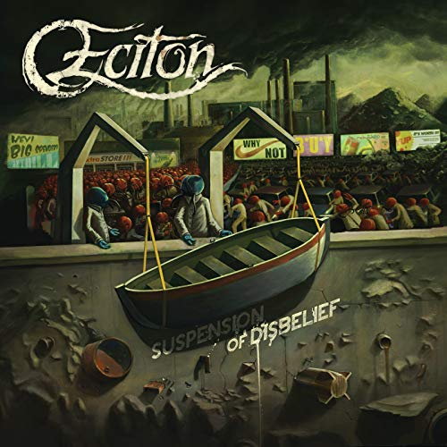 "Album cover art: surreal scene with boat, crowd, and industrial background, titled 'Eciton'."
