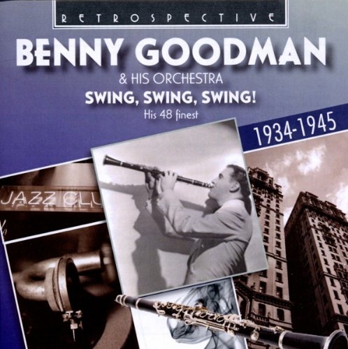 "CD cover featuring Benny Goodman playing clarinet, blue background, and jazz club image."