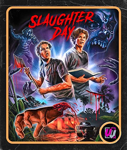 Horror movie cover: two men, zombies, axe, and a bloodied hand.