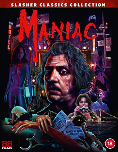 Blu-ray cover art for Maniac featuring a central man's face and various dark scenes.
