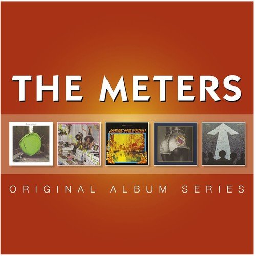 Red album cover with "The Meters" in white text and five album covers below.