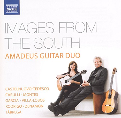 "Album cover with man and woman holding guitars, white background, Naxos logo."