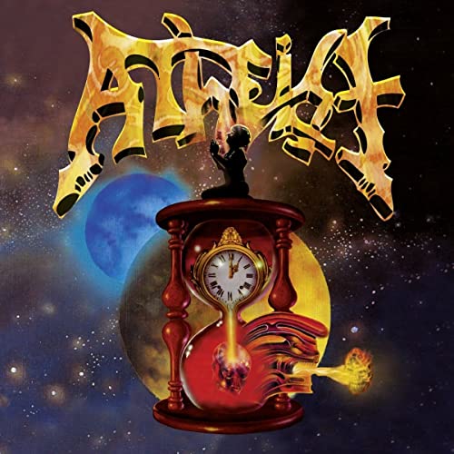 Atheist album cover with ornate clock, silhouette, and cosmic background.